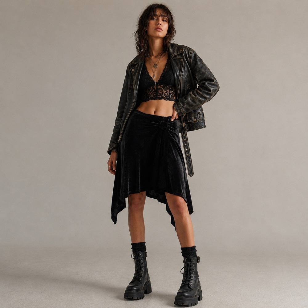 Express Y2K Black Velvet Handkerchief Hem Midi Skirt Size
S Edgy Grunge Concert